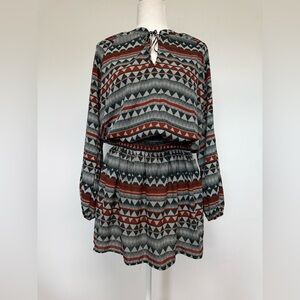 ALLISON JOY Geometric Print smocked Waist Chiffon Mini Dress